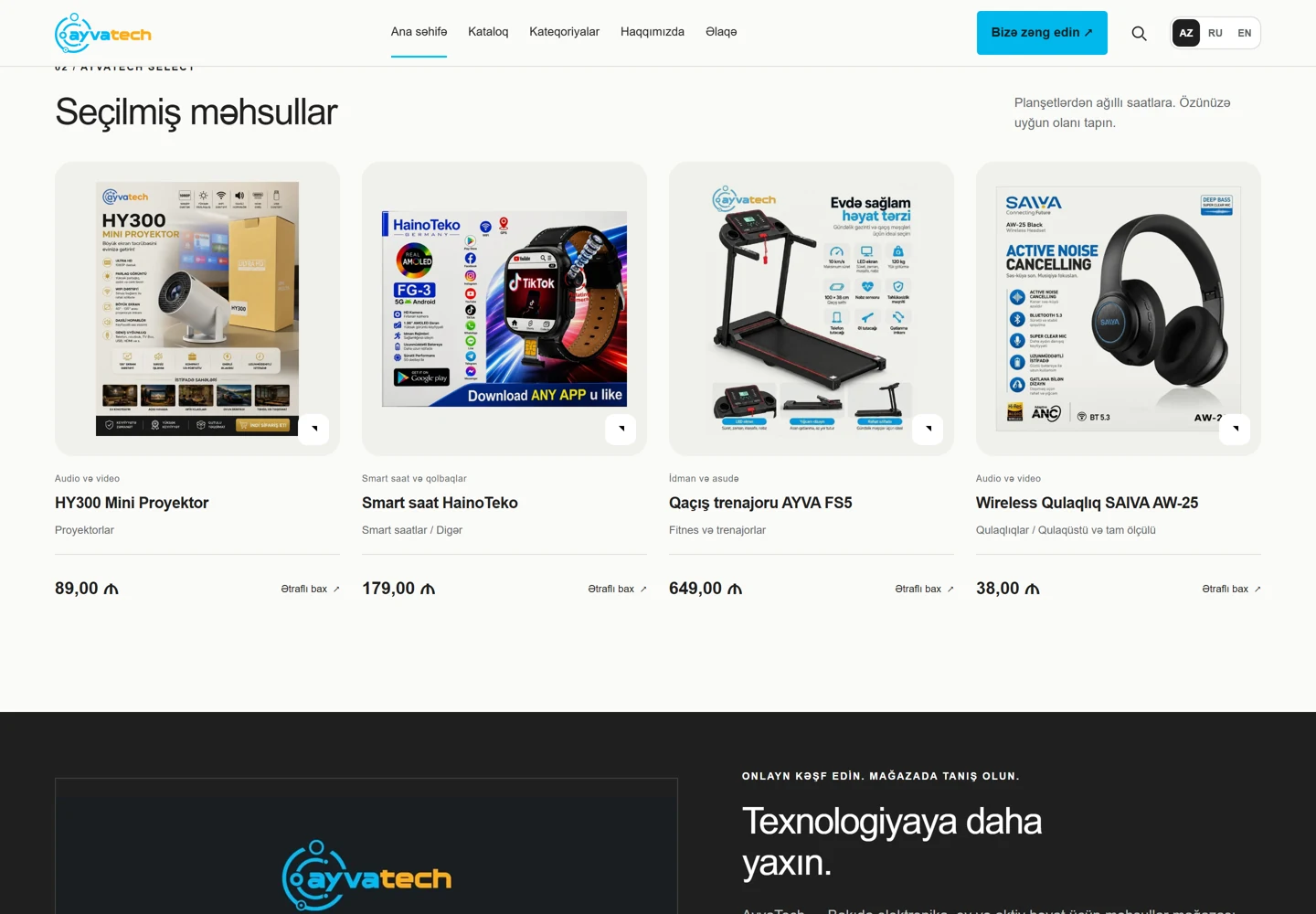 AYVA TECH saytının real məhsul qalereyası: elektronika və kompüter avadanlıqları