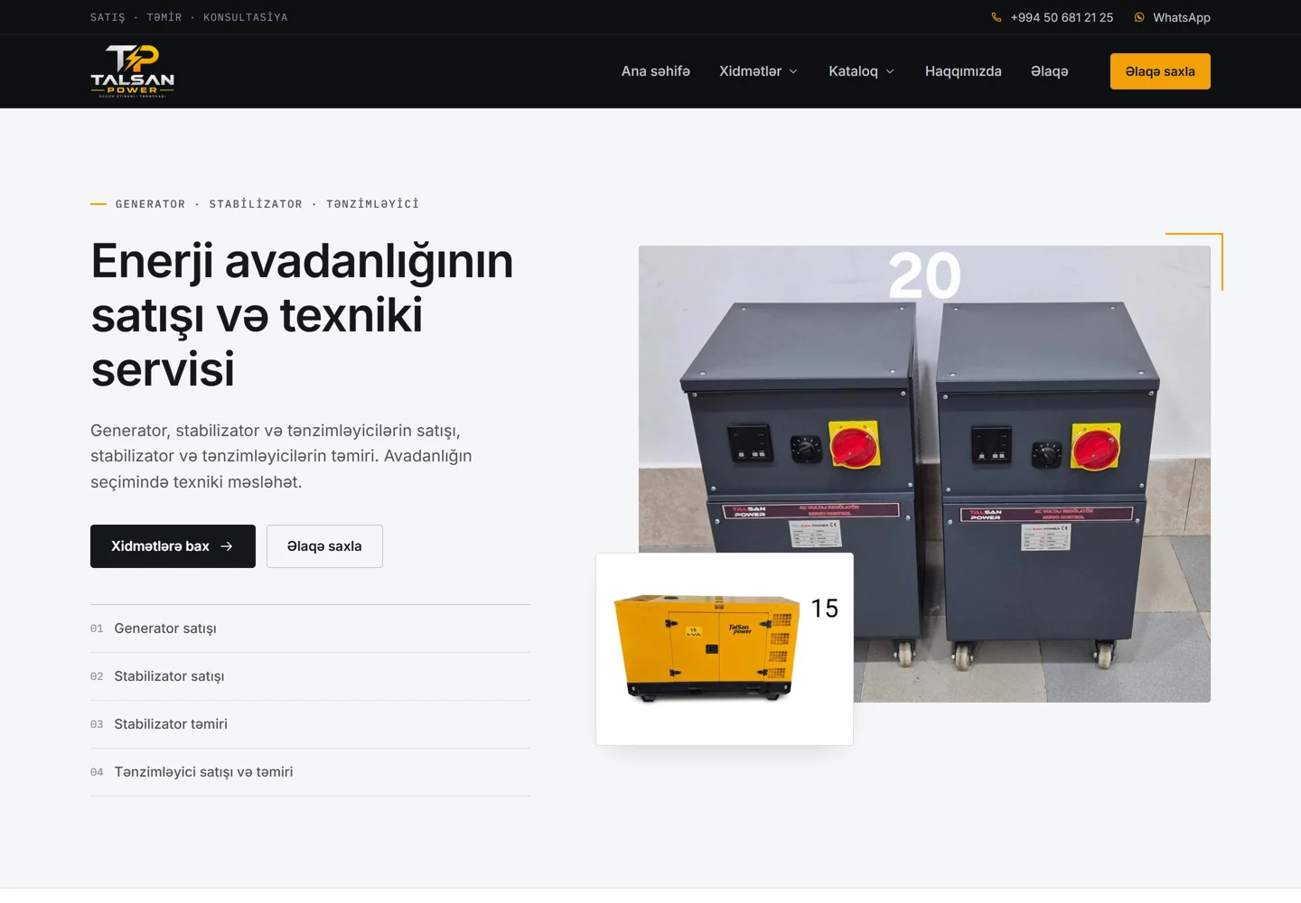 TALSAN POWER saytının real görüntüsü: enerji avadanlıqları, sarı vurğular və generator